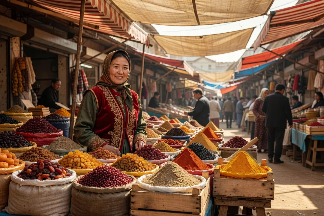 Marché animé de Bichkek au Kirghizistan avec étals de fruits secs et épices, vendeuse locale souriante en arrière-plan