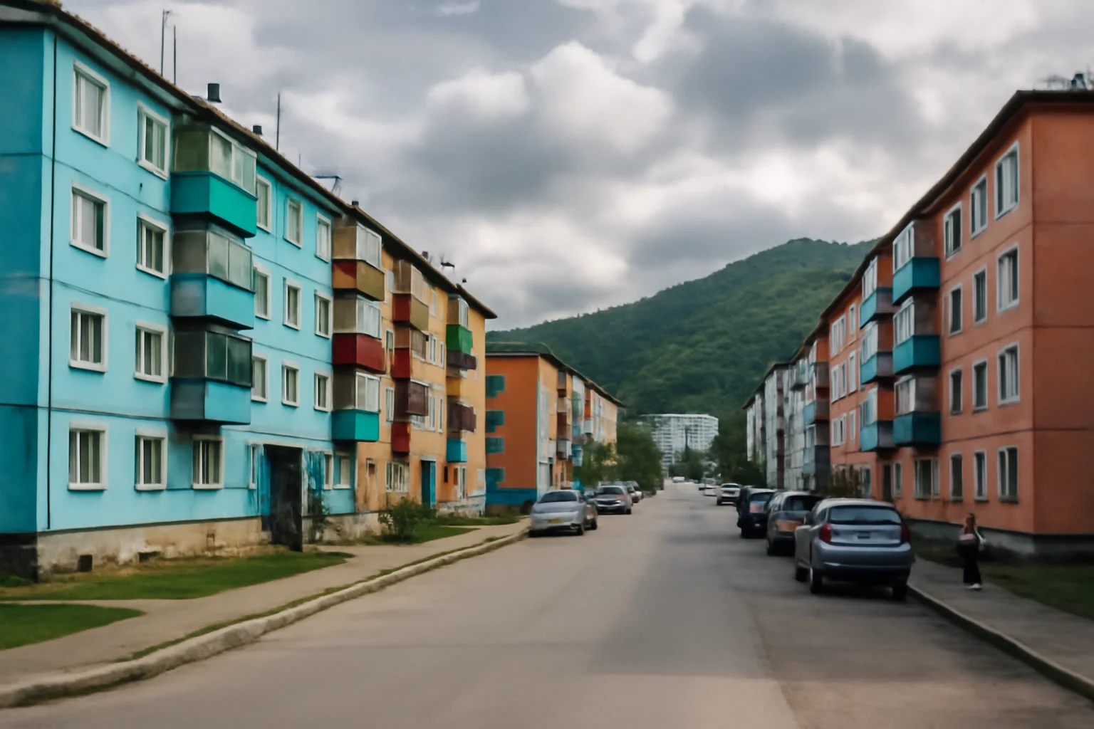 Rue résidentielle d'Ioujno-Sakhalinsk avec immeubles soviétiques colorés et montagnes boisées en arrière-plan sous un ciel changeant