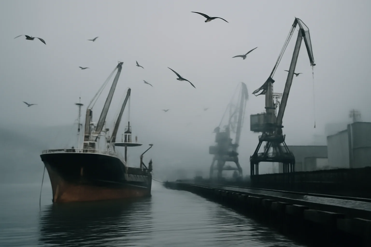 Port de ferry brumeux dans l'Extrême-Orient russe avec un cargo amarré et des mouettes en vol, ambiance grise et industrielle