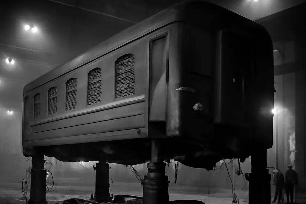 Voiture de train soulevée sur vérins hydrauliques dans le hangar de changement de bogies d'Erenhot, à la frontière entre la Mongolie et la Chine