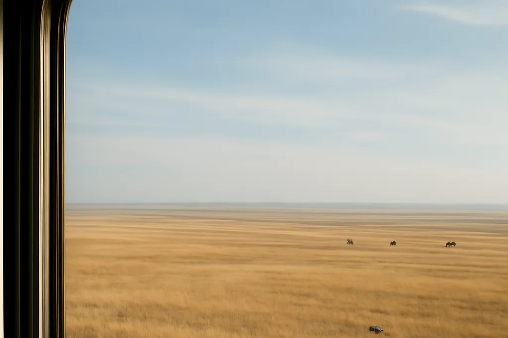 Steppe mongole dorée s'étendant jusqu'à l'horizon, vue depuis la fenêtre d'un train du Transmongolien