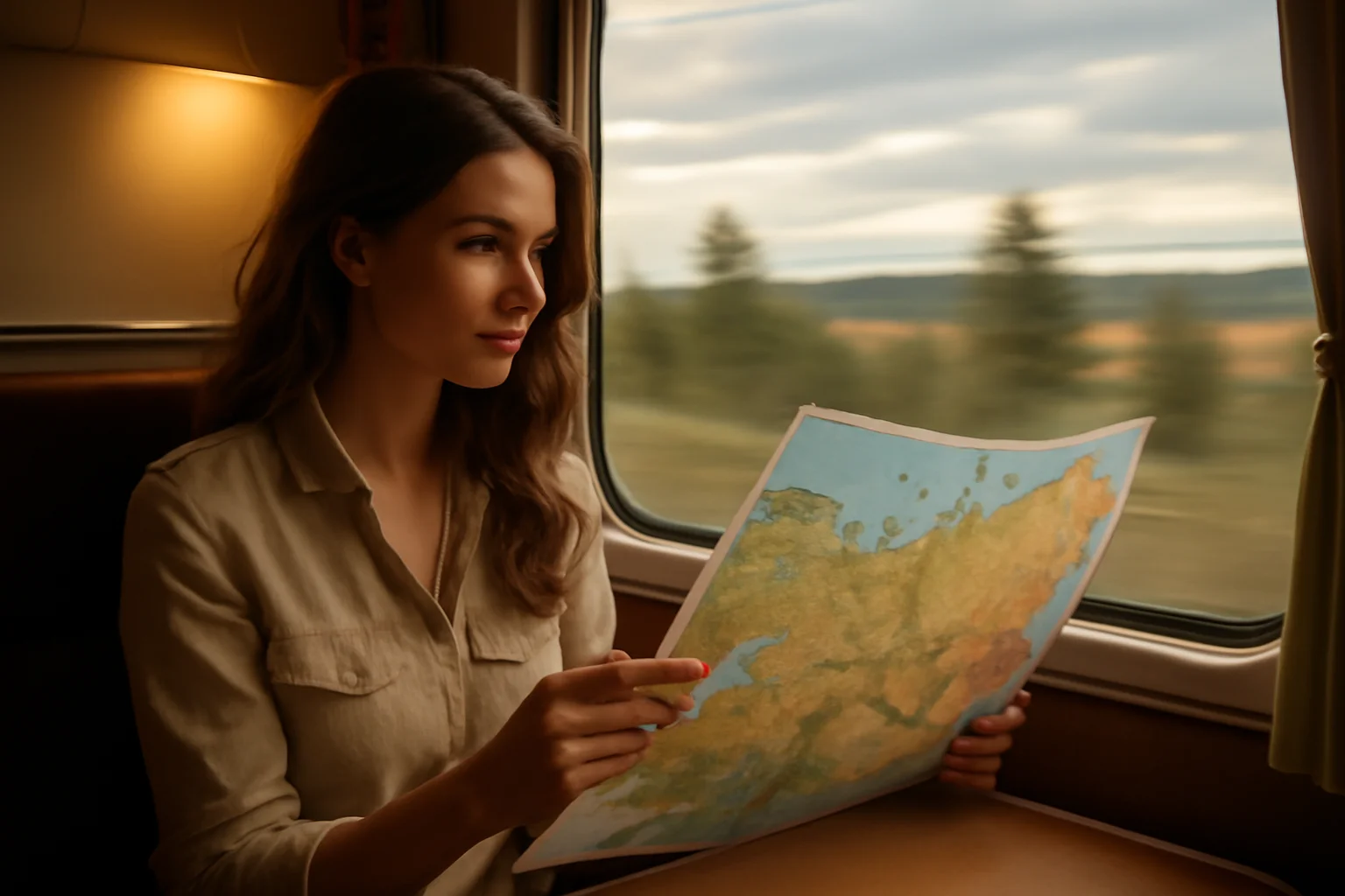 Voyageuse consultant une carte du Transsibérien dans un compartiment de train, paysage sibérien défilant à la fenêtre