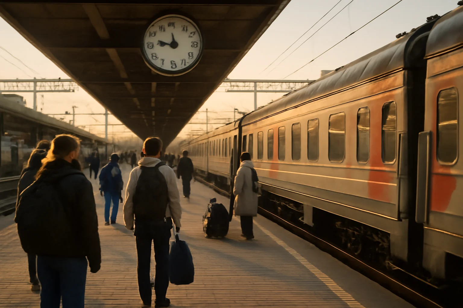 Voyageurs attendant sur un quai de gare russe avec un train longue distance à l'arrêt, horloge de gare visible