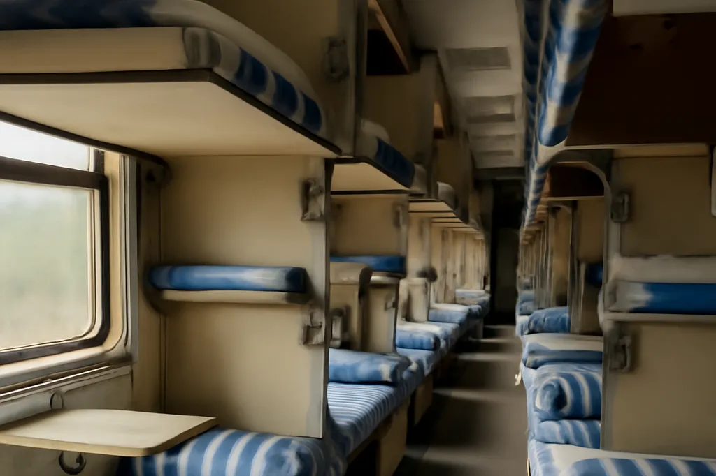 Intérieur d'un wagon platskart russe, rangées de couchettes ouvertes avec matelas rayés bleu et blanc le long du couloir
