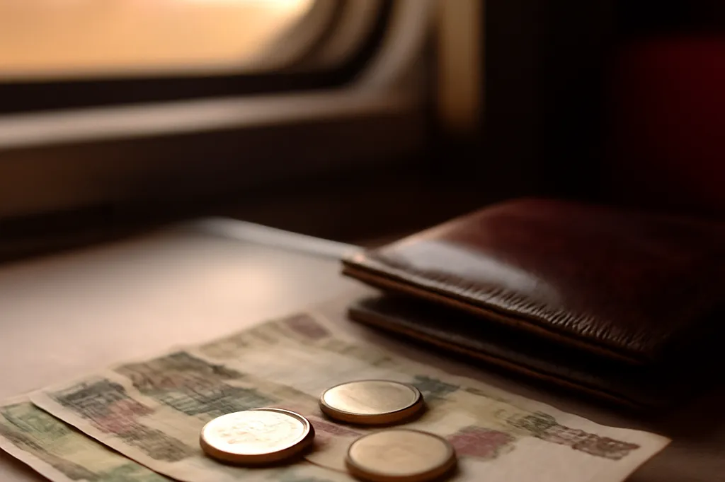 Billets et pièces en roubles posés sur la tablette rabattable d'un compartiment de train à côté d'un portefeuille en cuir