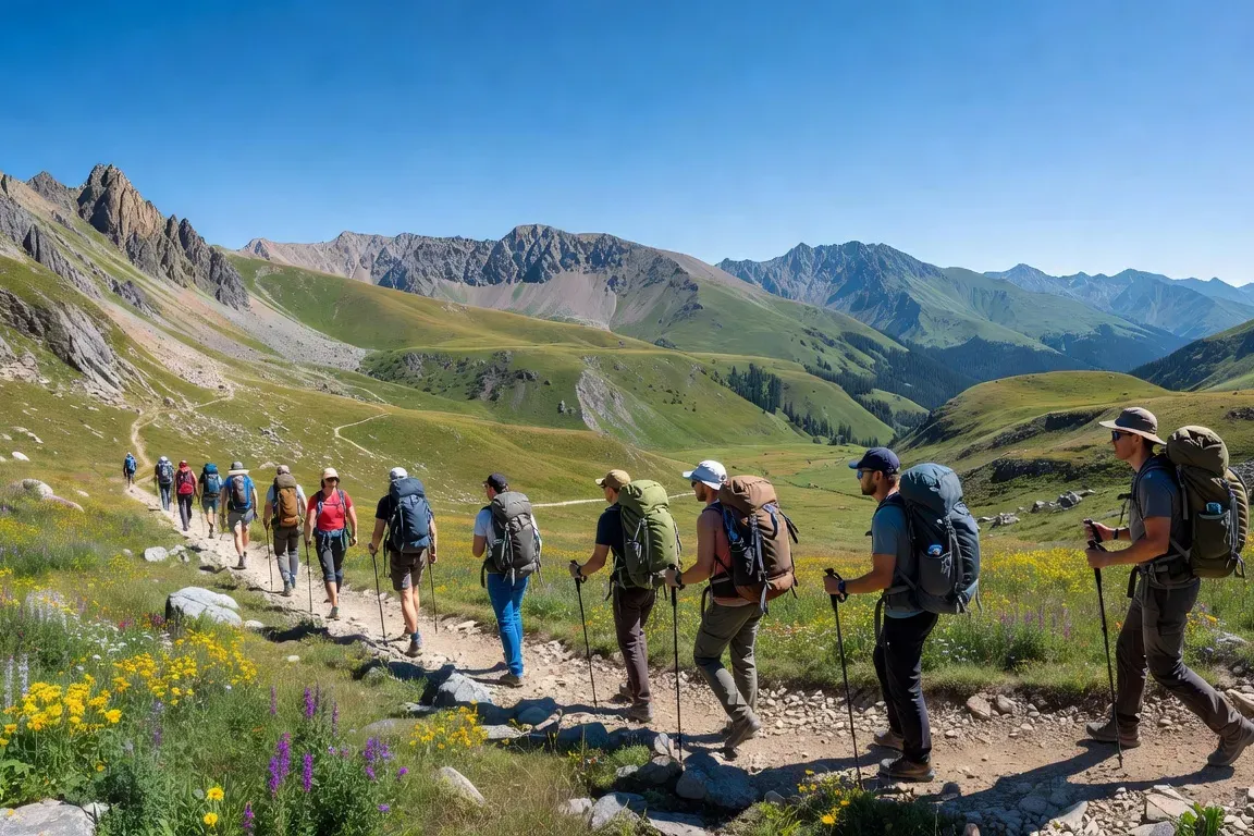 Vue panoramique des randonneurs sur un col de l'Altaï, vallée verte en contrebas