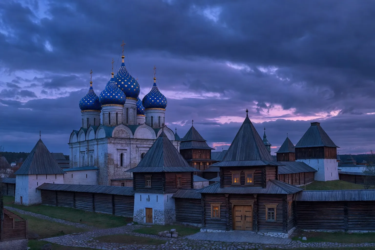 Kremlin de Souzdal et coupoles de la Nativite au crepuscule