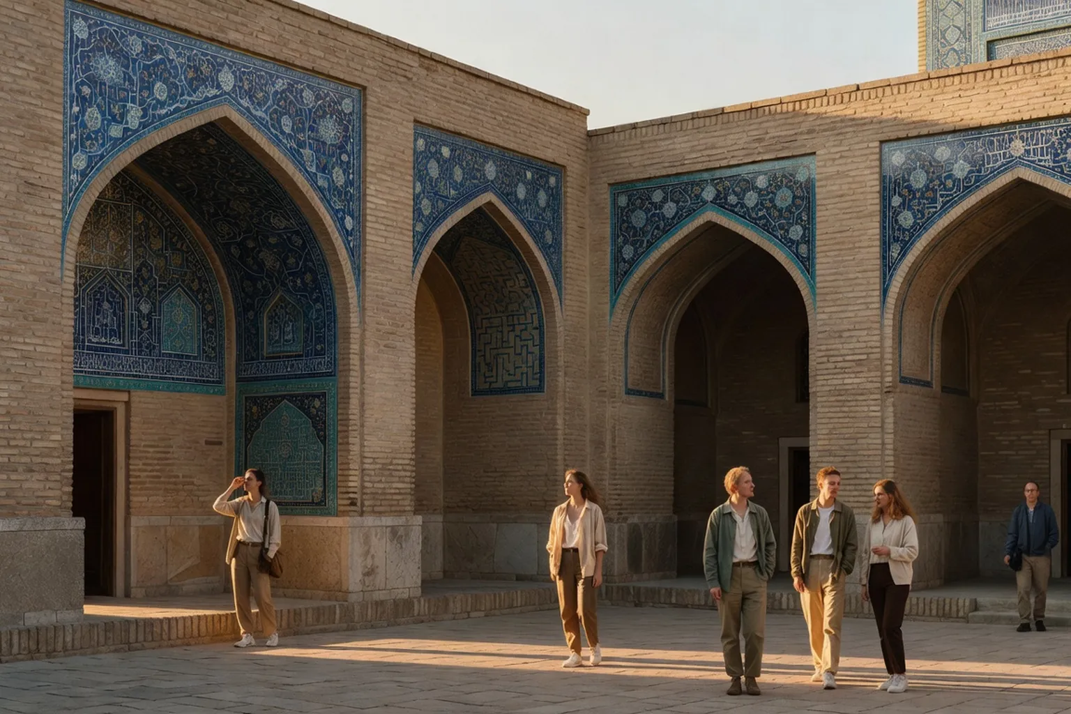 Cour interieure de la madrasa Shir Dor a Samarcande au soleil couchant