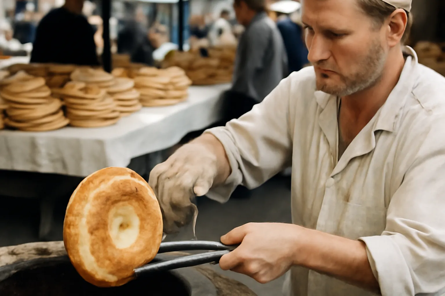 Boulanger ouzbek sortant un pain non du four tandoor traditionnel