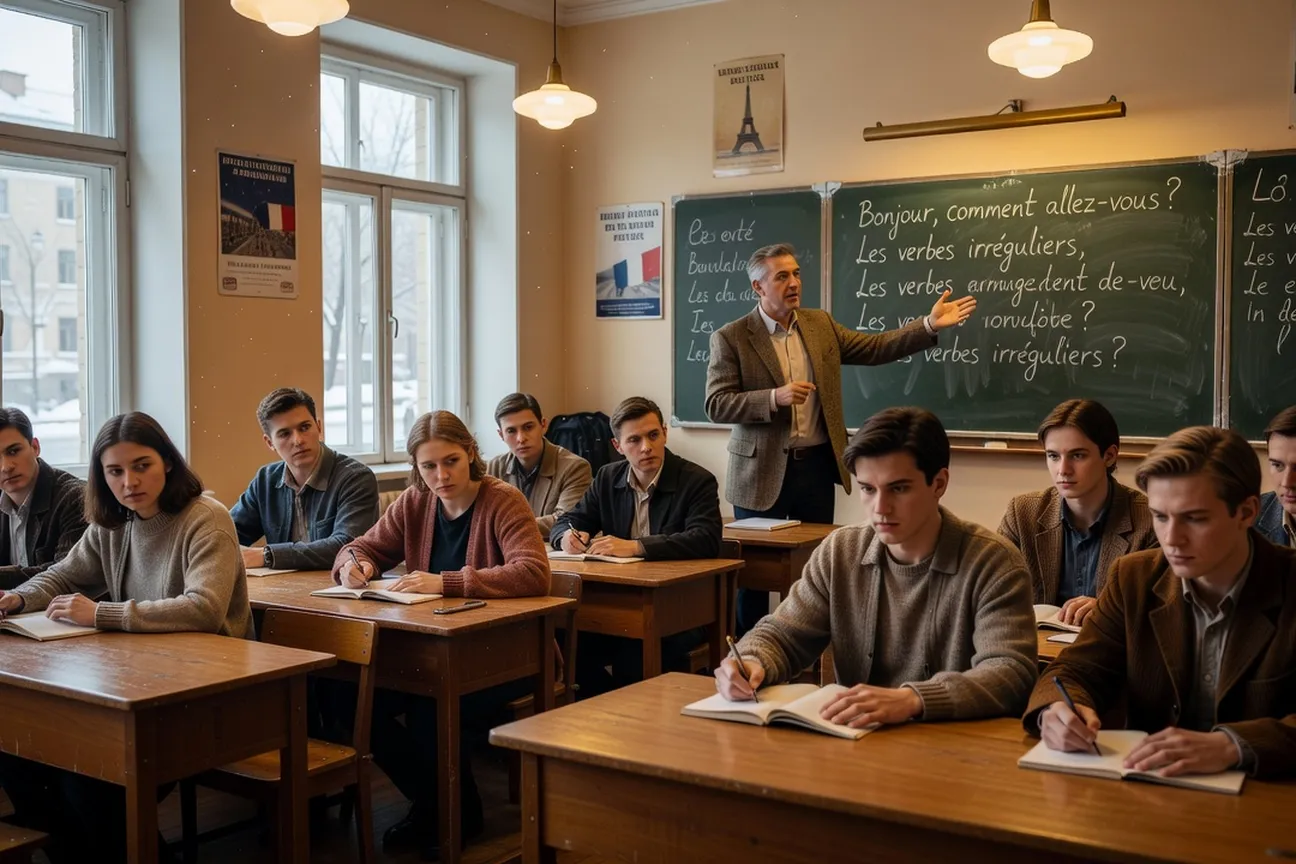 Salle de classe à l'Université fédérale de l'Oural avec étudiants russes en philologie française autour d'un cercle de chaises