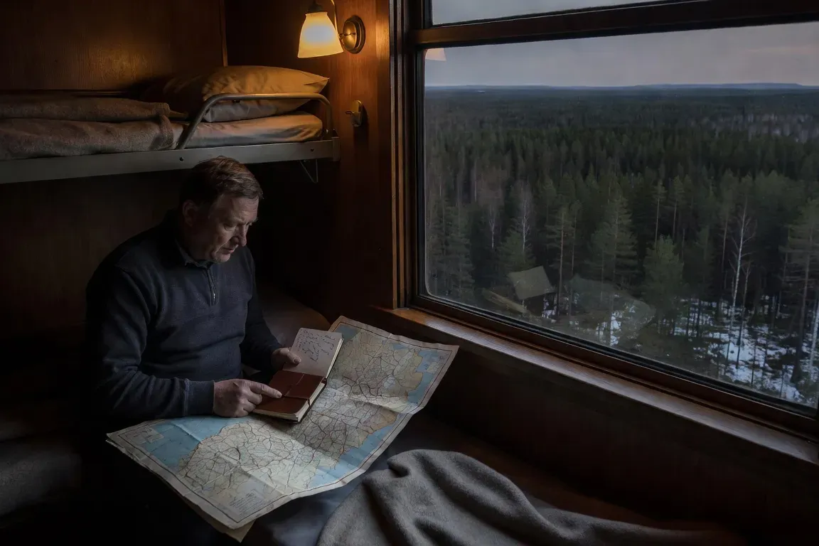 Intérieur d'un wagon-lit Transsibérien, voyageur avec carnet et carte