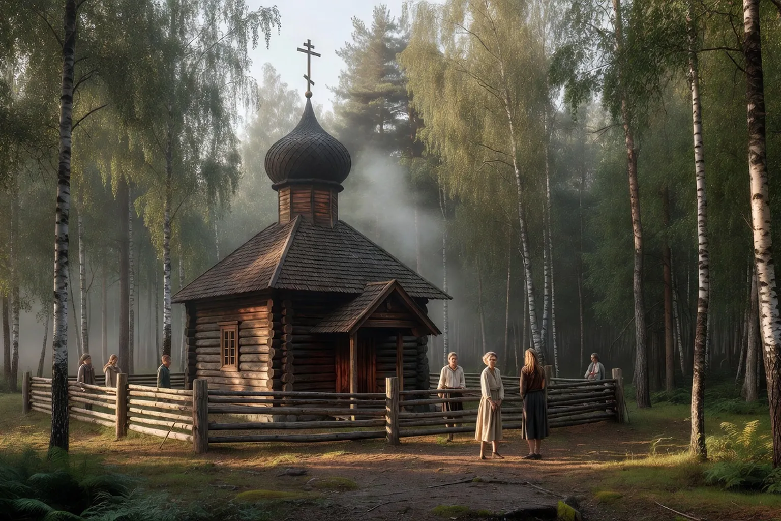 Chapelle orthodoxe en bois dans une foret de bouleaux careliens