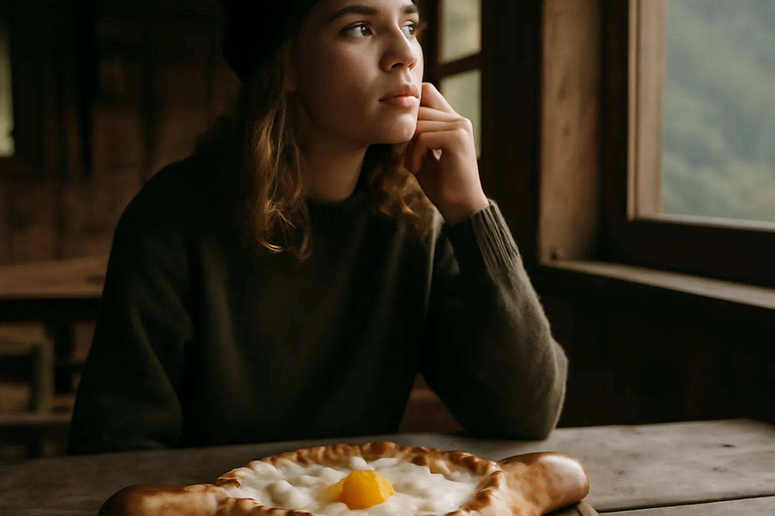 Khachapuri georgien traditionnel sur table en bois de refuge
