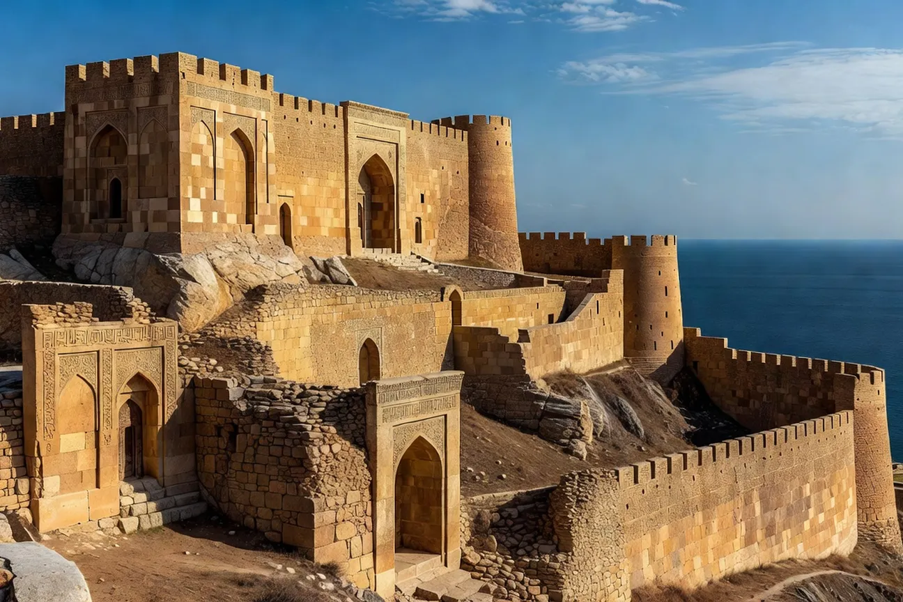 Citadelle Naryn-Kala de Derbent au coucher du soleil avec vue sur la mer Caspienne et la ville moderne en contrebas