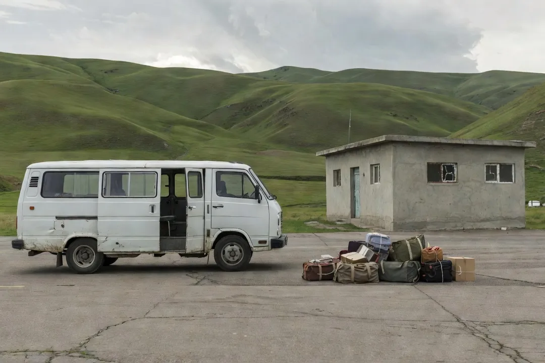 Marshrutka blanche stationnée au poste frontière entre la Géorgie et l'Arménie, bagages des passagers posés sur le bitume devant le bâtiment des douanes