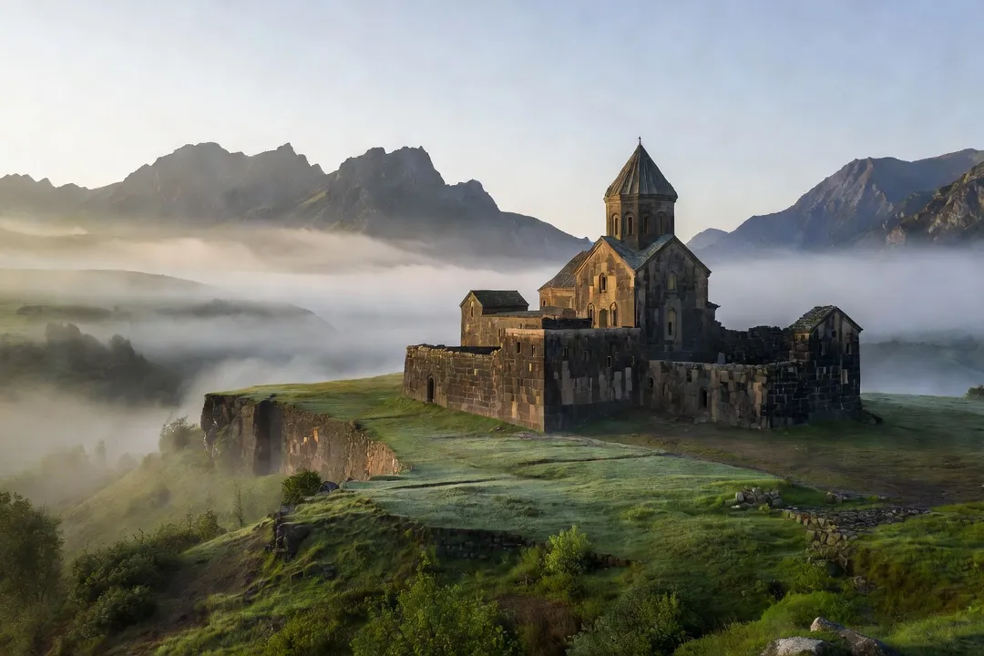 Monastère arménien médiéval en pierre sombre à dôme conique, perché sur un plateau verdoyant au-dessus d'une vallée noyée de brume matinale