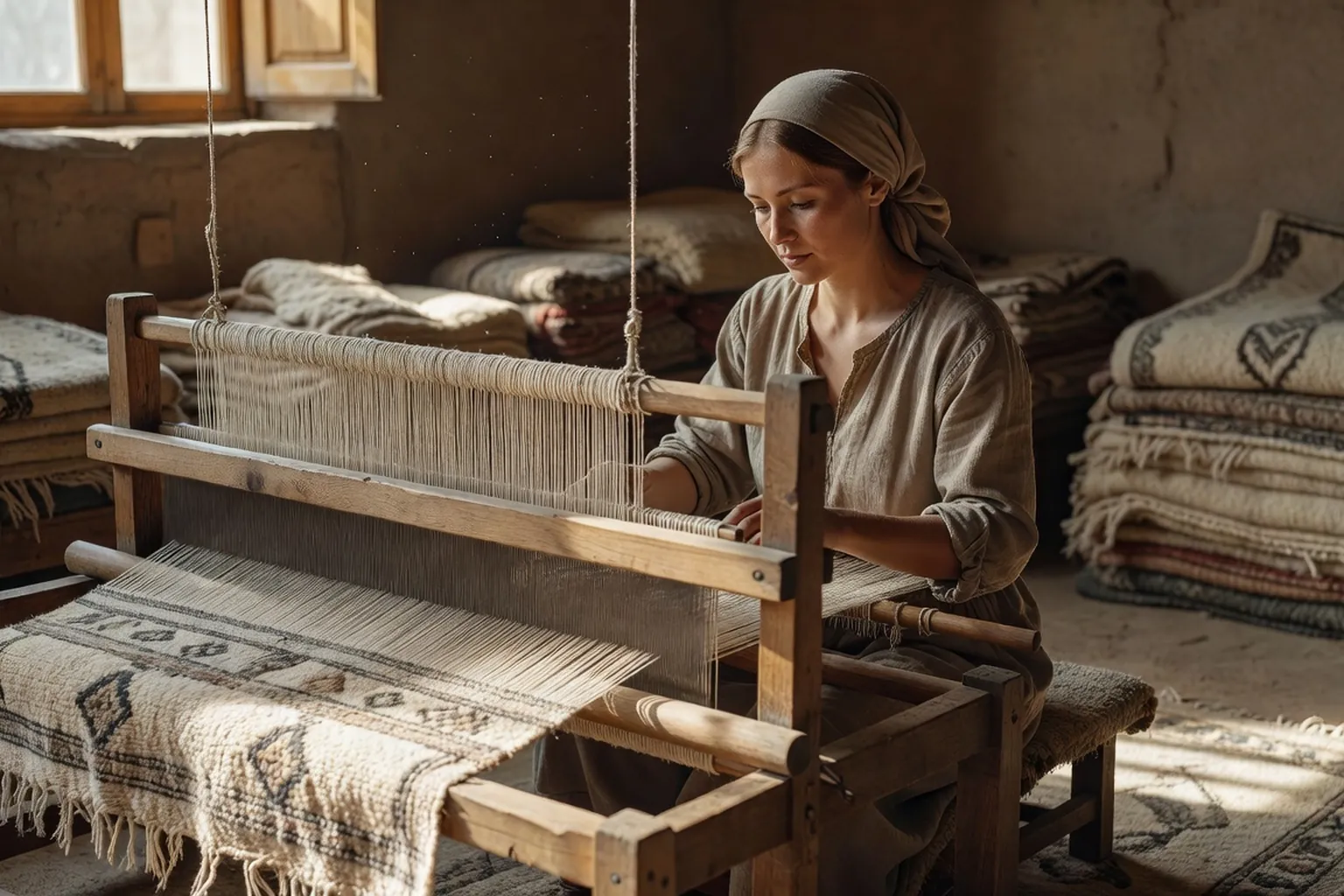 Artisan ouighour tissant un tapis traditionnel a Kashgar