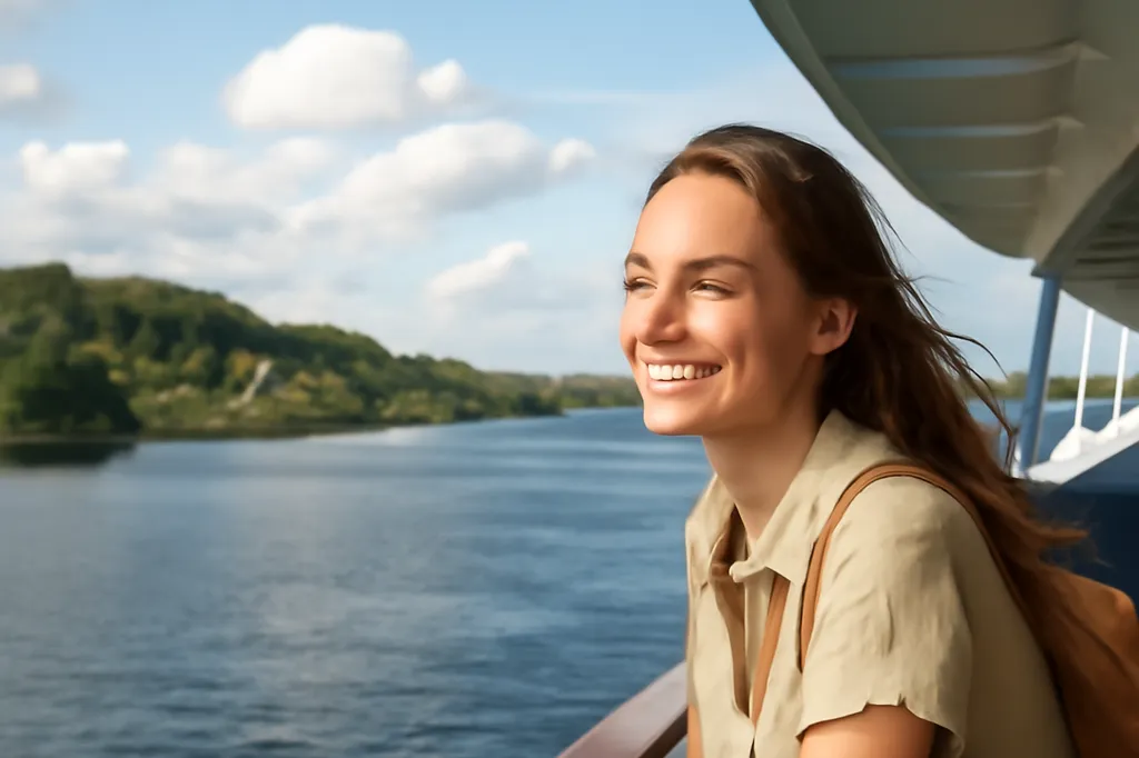 Jeune touriste souriante accoudée au bastingage d'un paquebot fluvial pendant une croisière sur la Volga