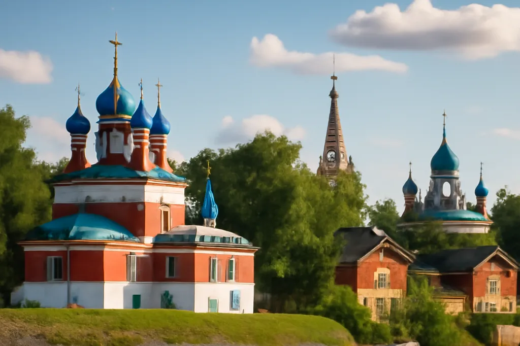 Ville historique d'Ouglitch au bord de la Volga avec ses coupoles orthodoxes colorées et maisons traditionnelles