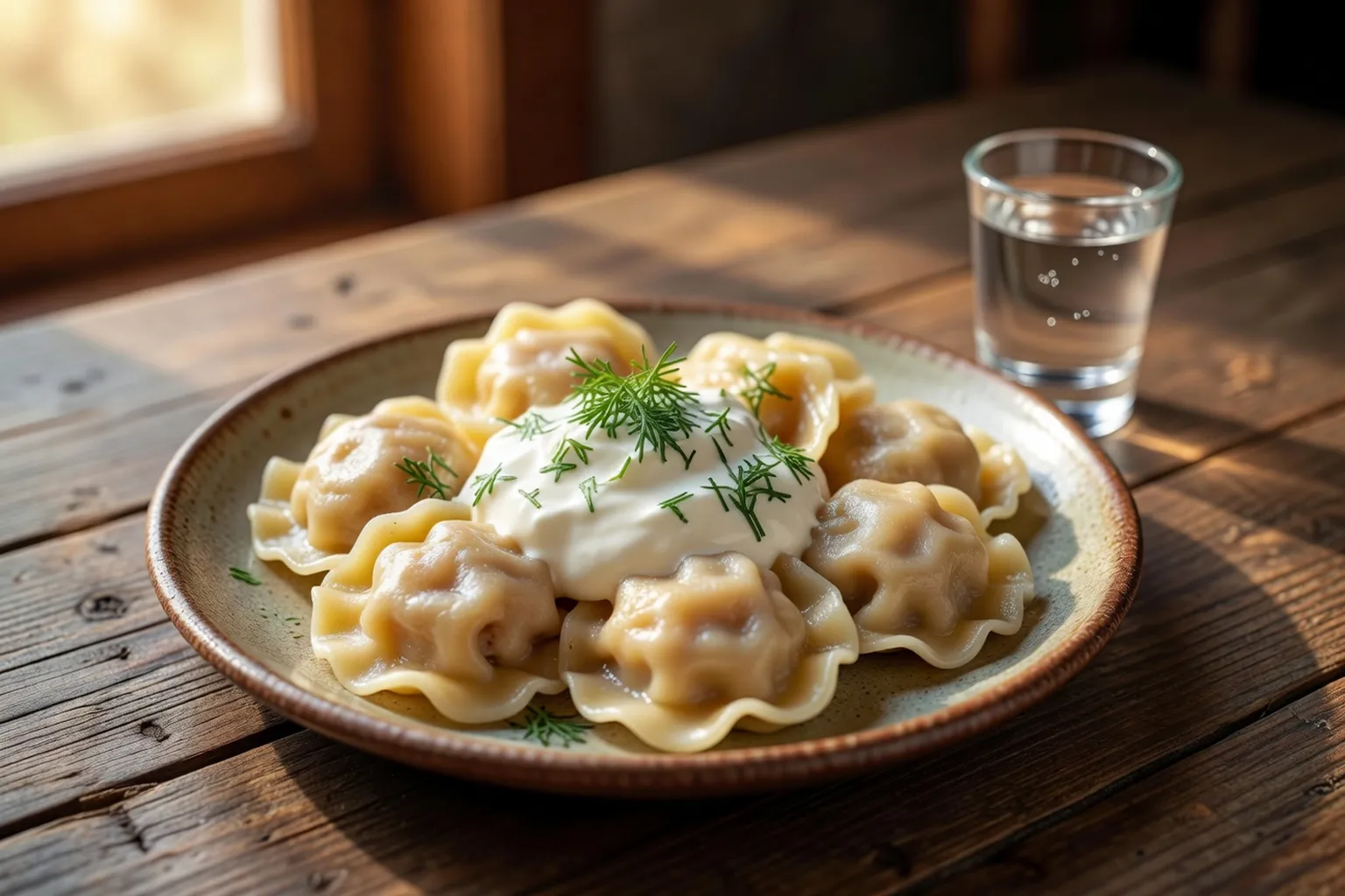 Assiette de pelmeni servis avec smetana et aneth