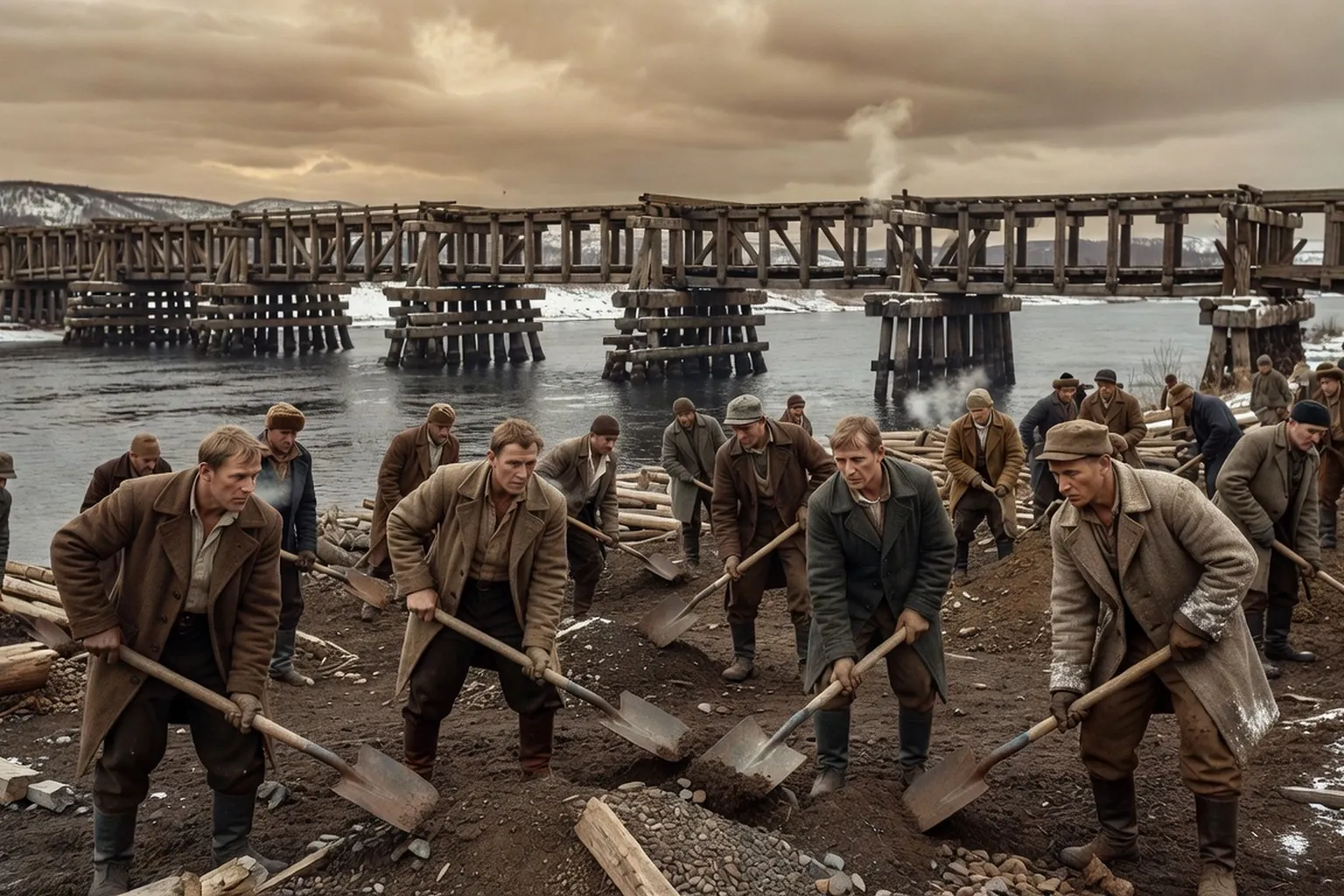 Chantier du Transsiberien vers 1900, pont en bois sur riviere siberienne