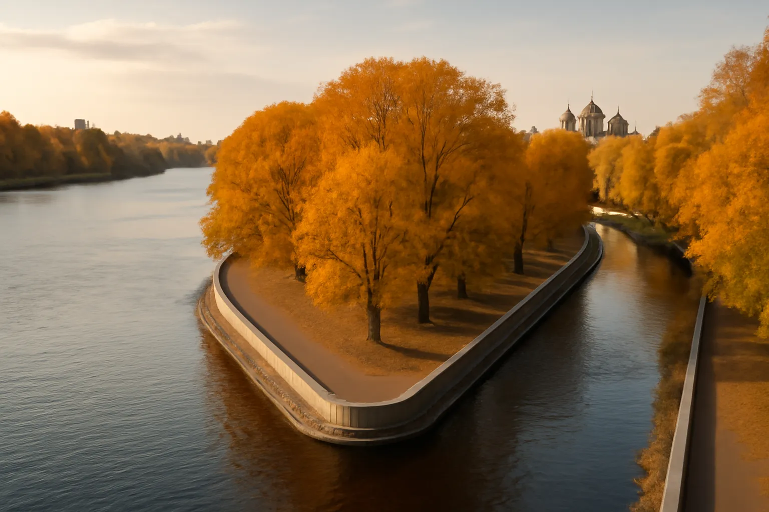 La pointe d'un parc d'automne où une grande rivière en rejoint une plus petite, avec une promenade piétonne et des coupoles à l'horizon