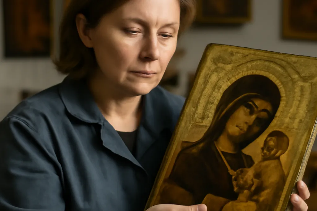 Ekaterina Volnaïa, restauratrice d'icônes orthodoxes, dans son atelier à Moscou