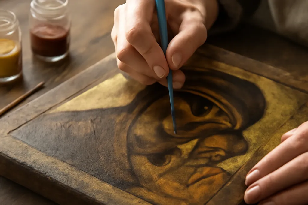 Restauratrice appliquant un pigment naturel sur une icône orthodoxe ancienne