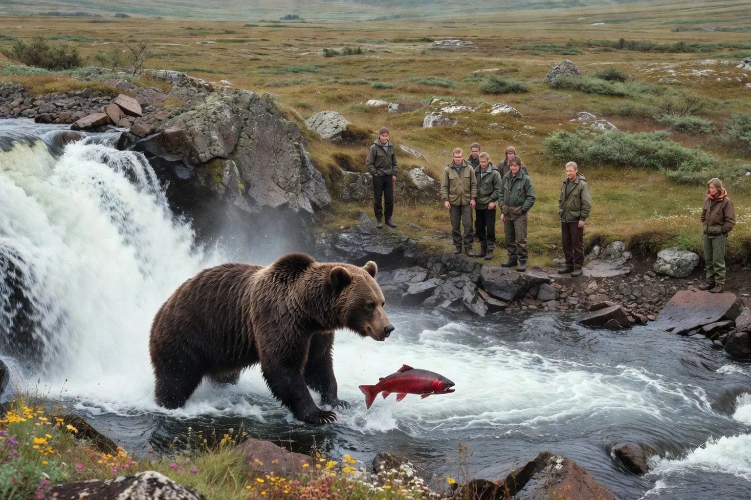 Ours brun du Kamtchatka pechant le saumon au lac Kourile