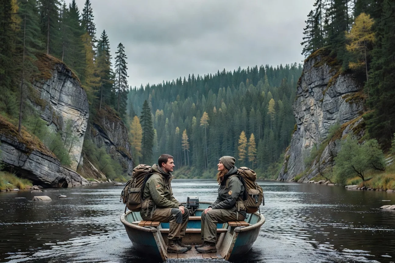 Deux voyageurs avec sacs à dos voyageant en bateau sur la rivière Ilytch entourée de falaises calcaires et de taïga, République des Komis