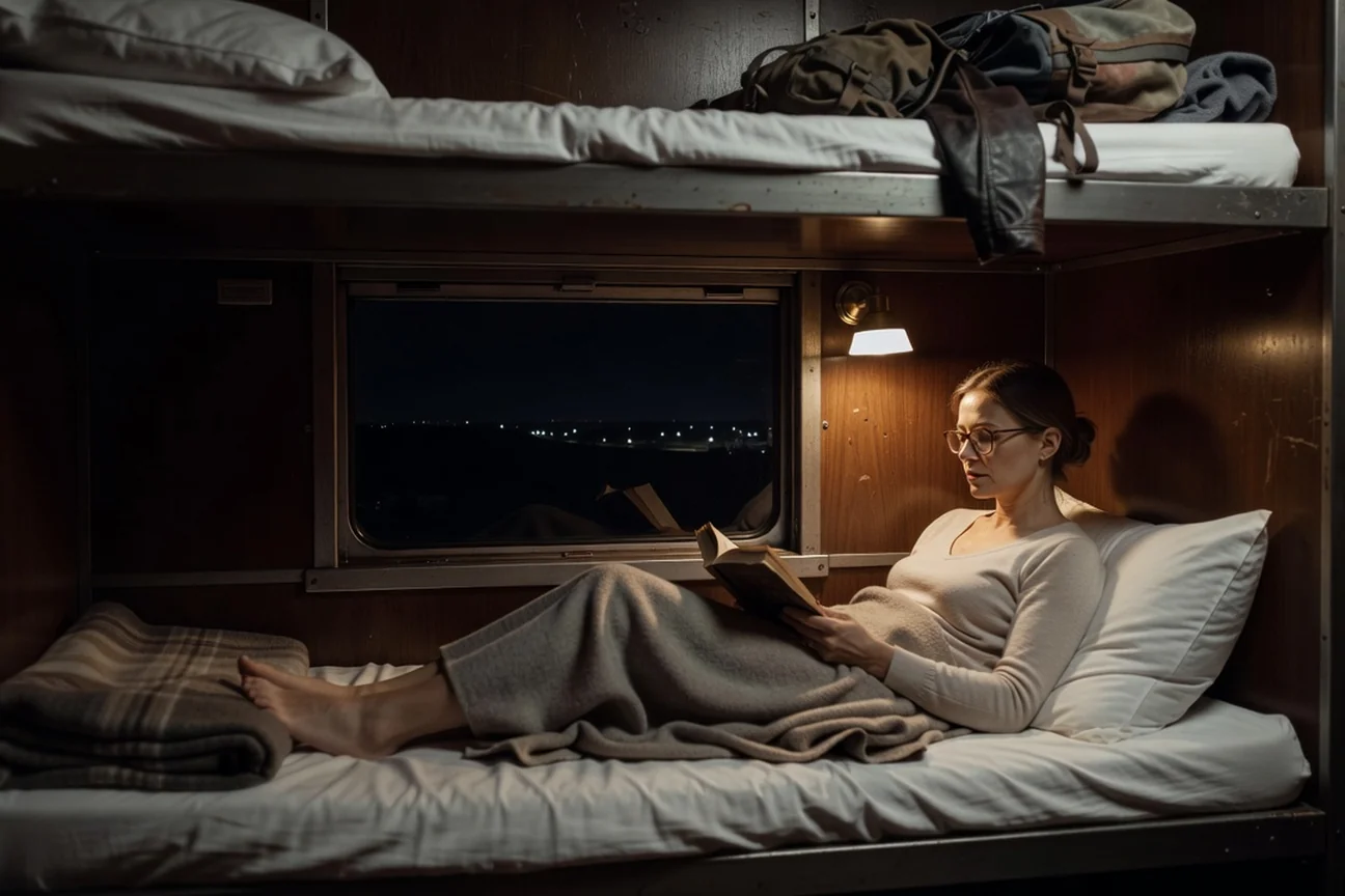Voyageuse lisant dans un compartiment kupe fermé d'un train de nuit russe, couchette faite, lumière douce, nuit visible par la fenêtre