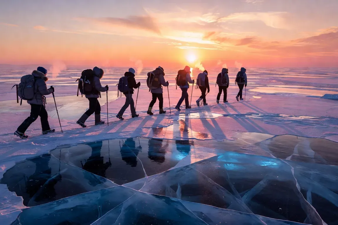 Voyageur contemplant le coucher de soleil sur le lac Baïkal gelé