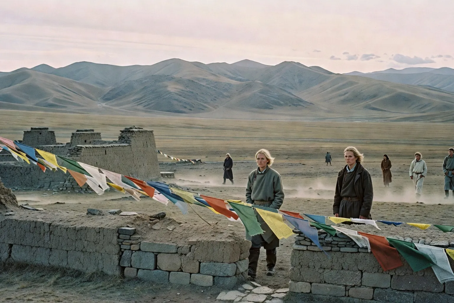 Monastere mongol d'Erdene Zuu avec murs bouddhistes et drapeaux de priere