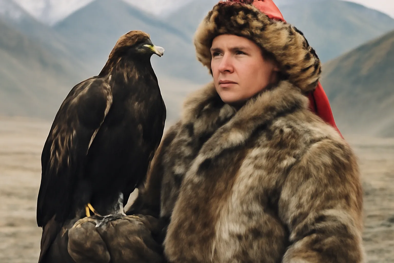 Chasseur mongol avec son aigle royal dans les montagnes de l'Altai