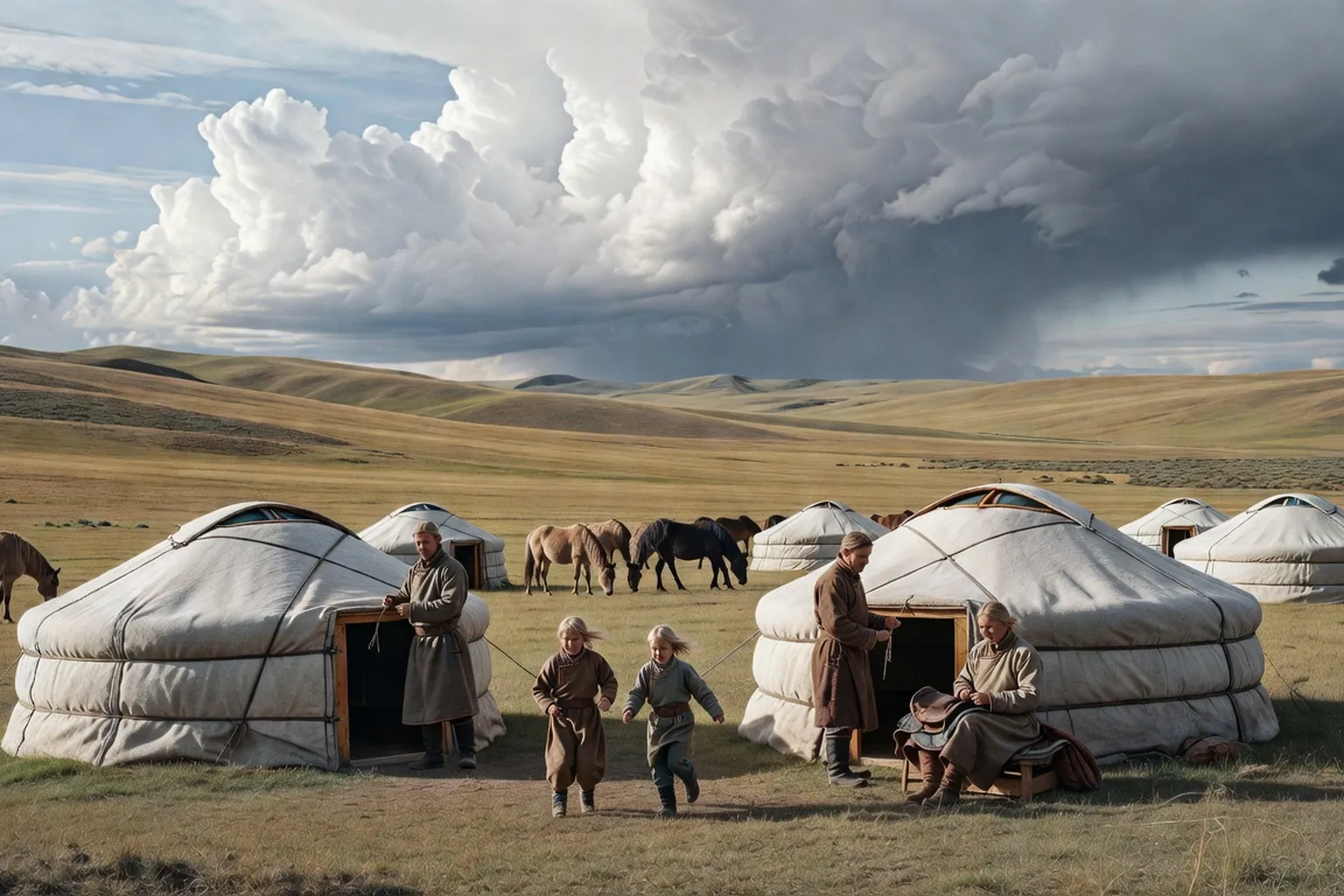 Famille nomade mongole devant des yourtes sur la steppe