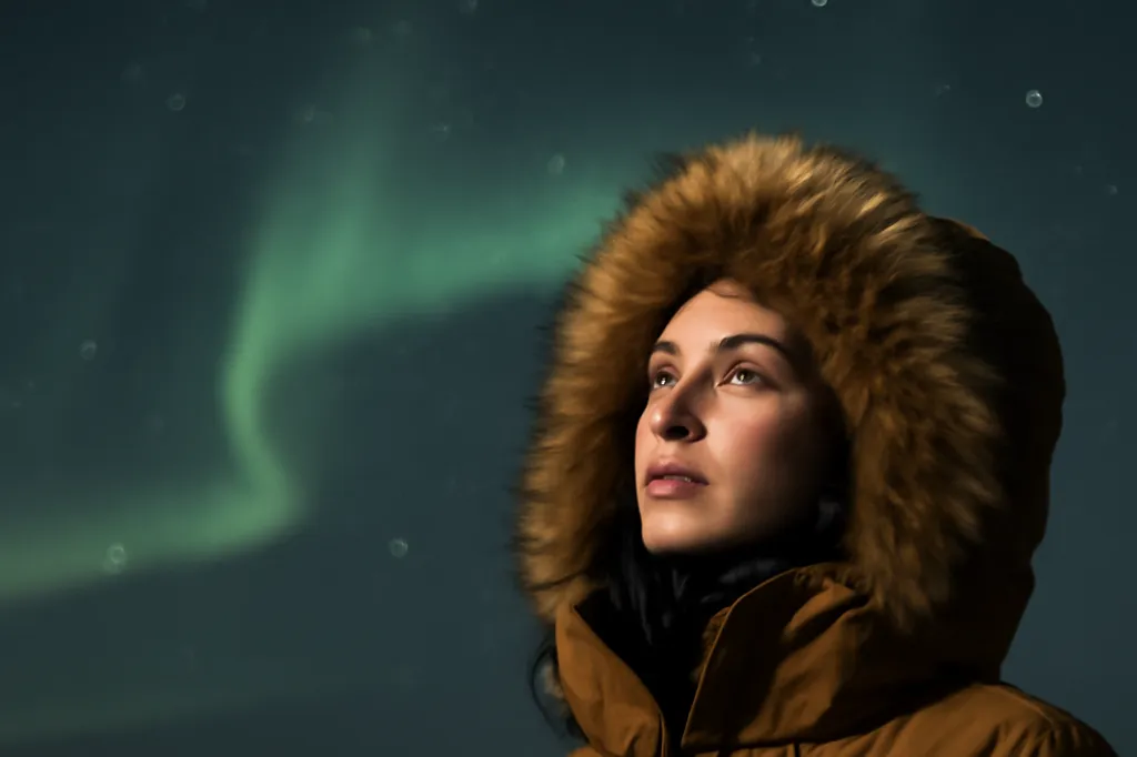Jeune femme en parka d'expédition observant une aurore boréale verte dans la péninsule de Kola près de Mourmansk