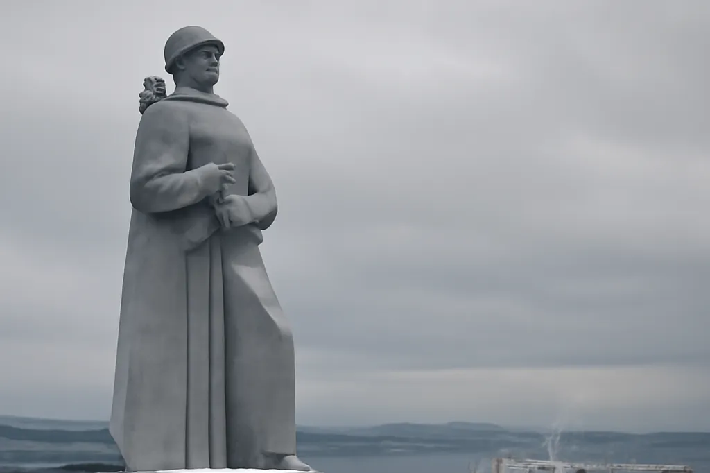 Mémorial soviétique Aliocha dominant la baie de Kola à Mourmansk en hiver, grues du port en arrière-plan