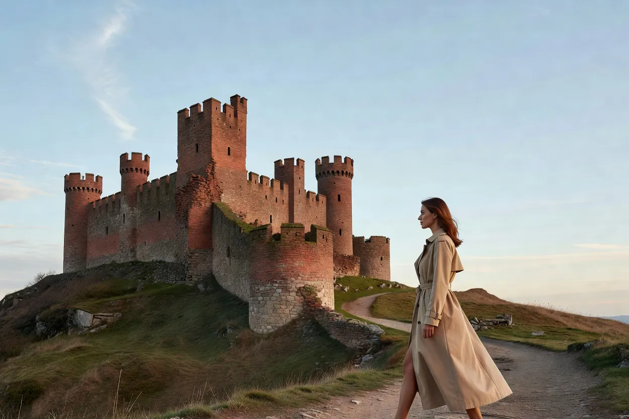 Une voyageuse en trench beige marche sous les remparts de briques rouges et les tours d'un kremlin, sur un chemin de colline
