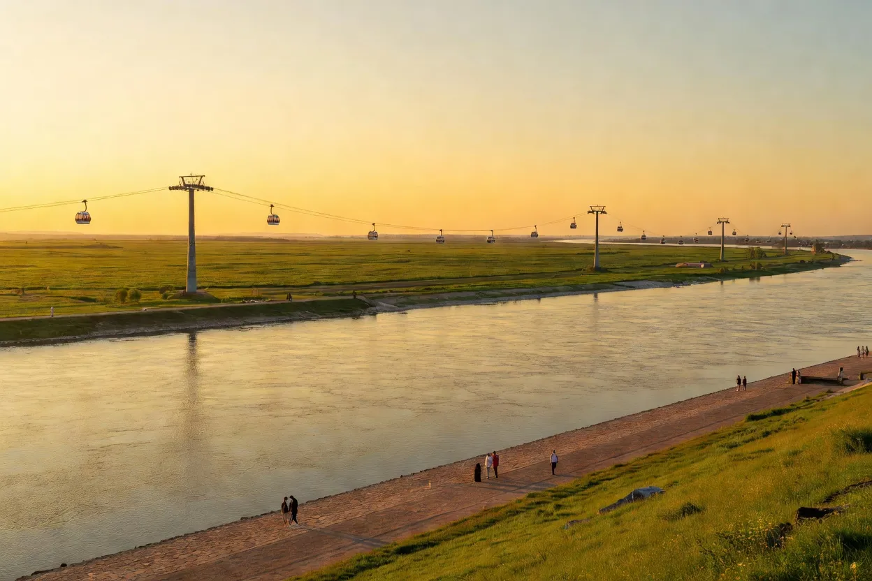 Large fleuve au coucher du soleil vu depuis un quai, avec un téléphérique qui traverse l'eau sur de hauts pylônes