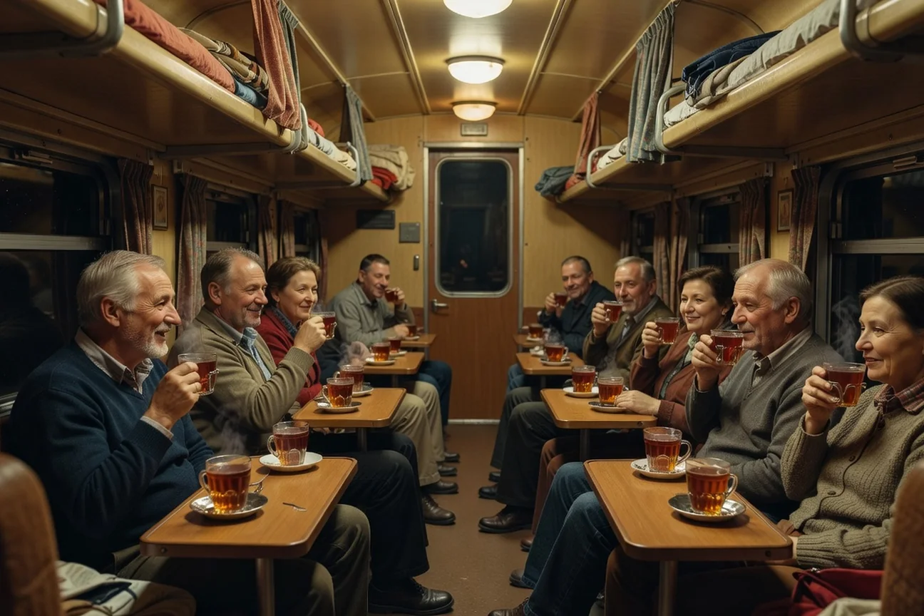 Intérieur d'un wagon platzkart russe la nuit, voyageurs assis en train de boire du thé et de discuter, couchettes superposées au fond, lumière chaude