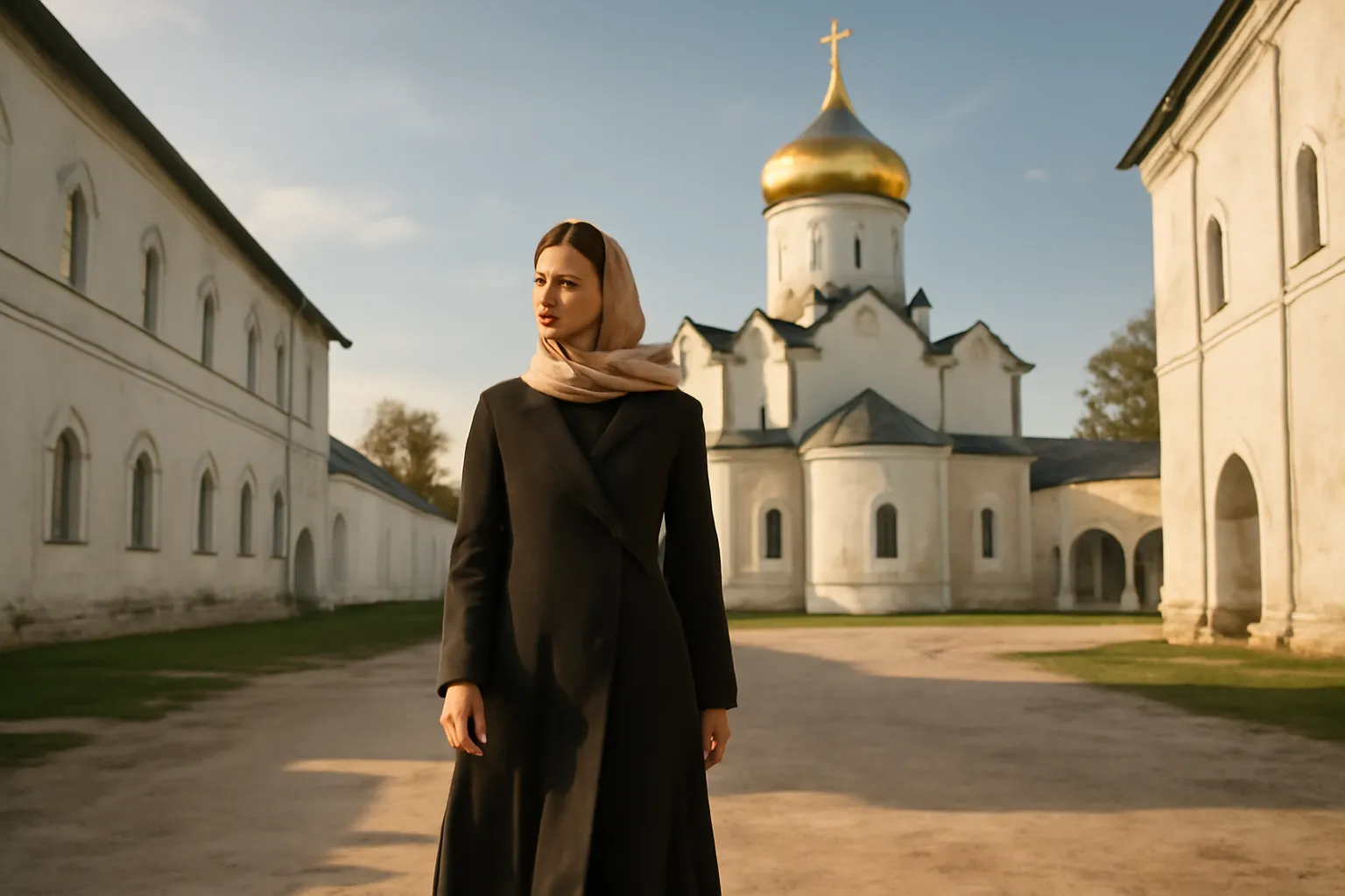 Une voyageuse en manteau sombre et foulard clair traverse la cour d'un monastère orthodoxe aux murs blanchis, devant une église à coupole dorée