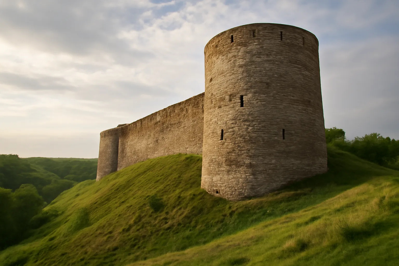 Un grand mur de pierre médiéval et une tour ronde massive sur une colline herbeuse au-dessus d'une vallée verte