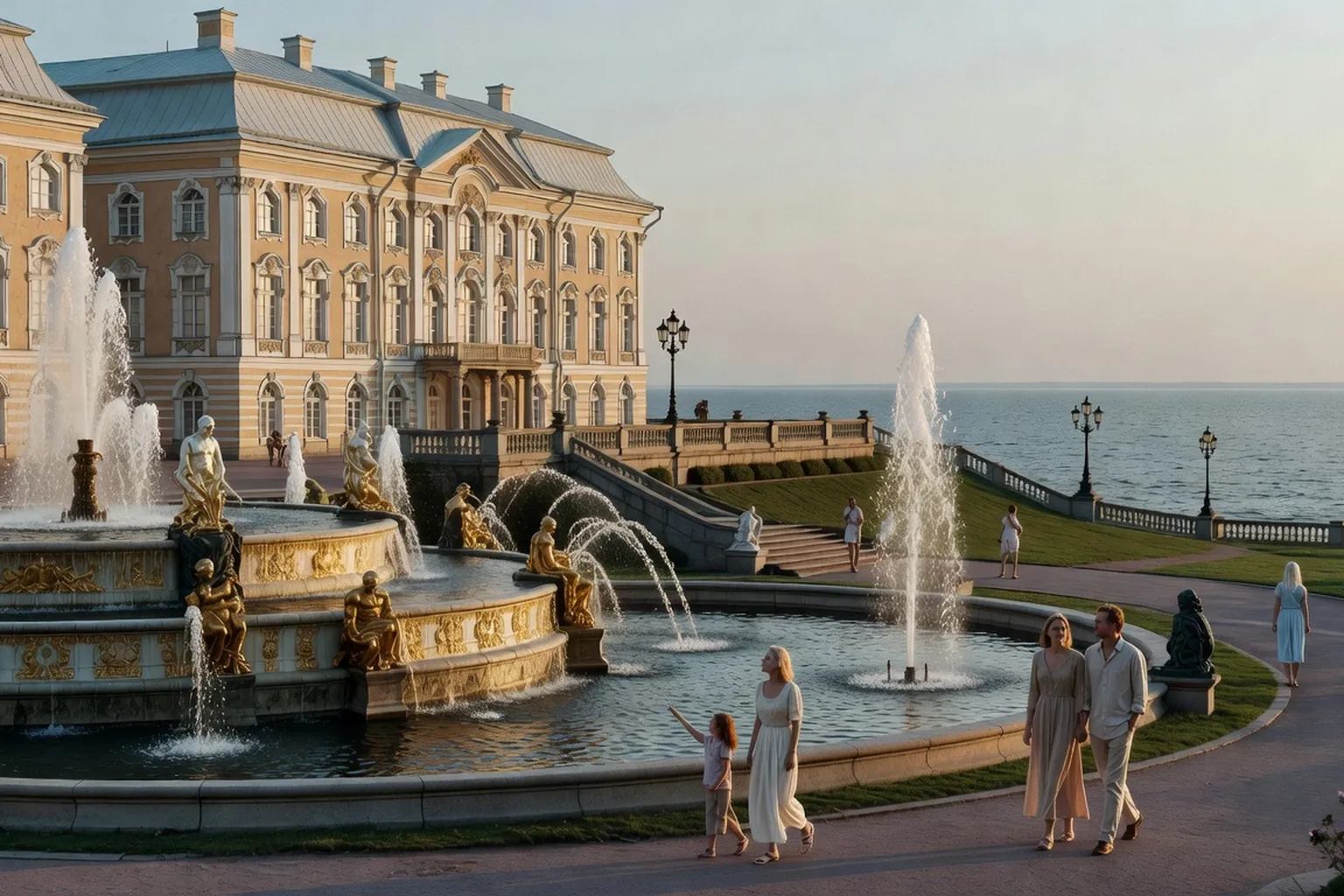 Fontaines du palais de Peterhof pres de Saint-Petersbourg en ete