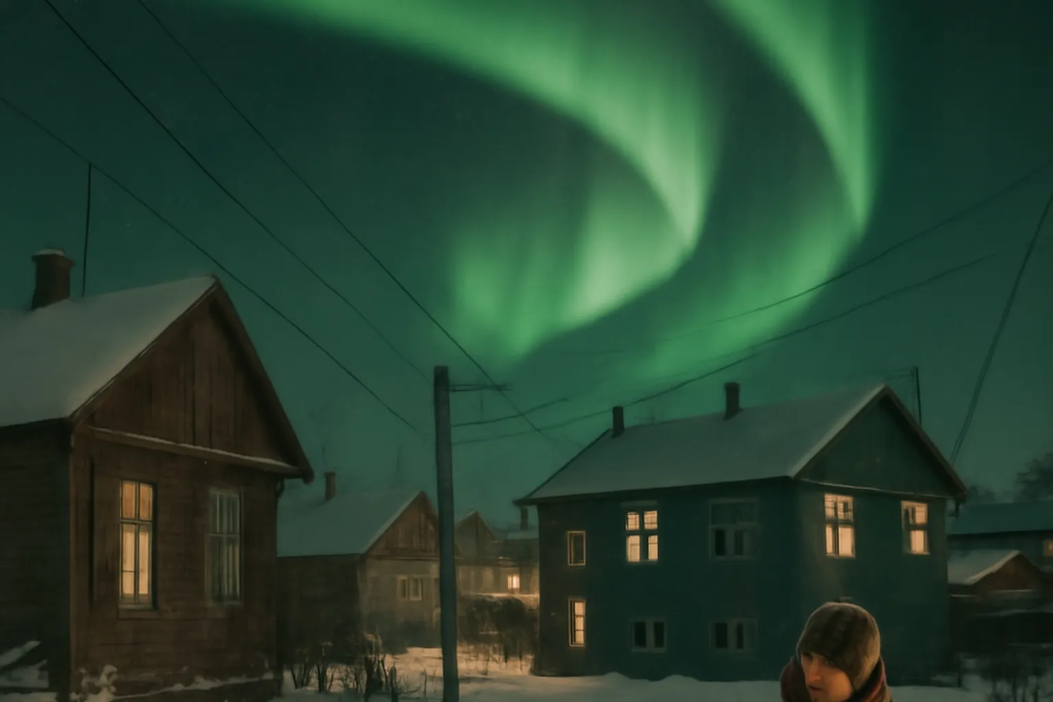 Aurore boreale verte au-dessus de Mourmansk en Arctique russe