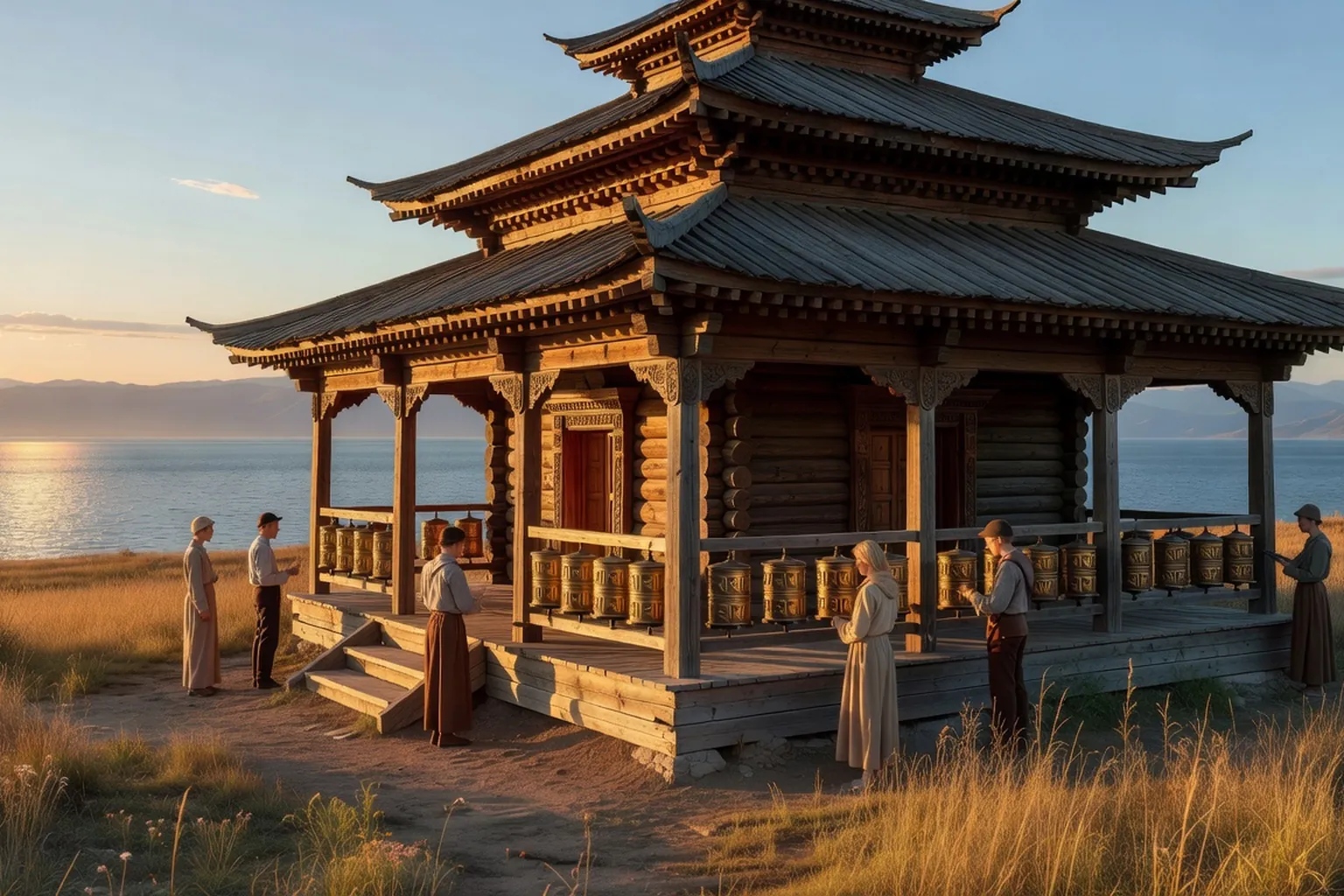 Datsan bouddhiste en bois en Bouriatie avec moulins a priere
