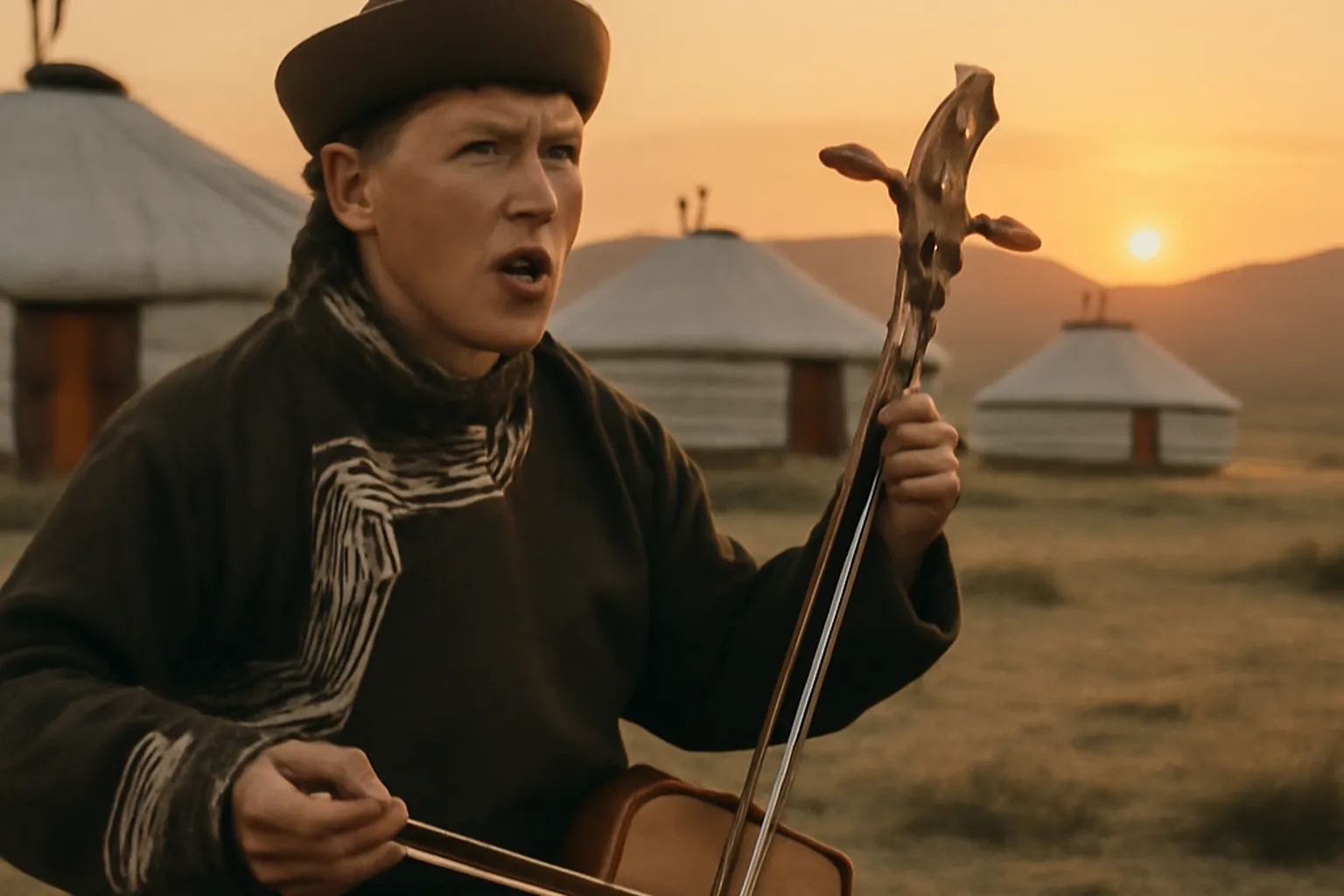 Chanteur touvien de gorge avec son morin khuur dans un campement de yourtes