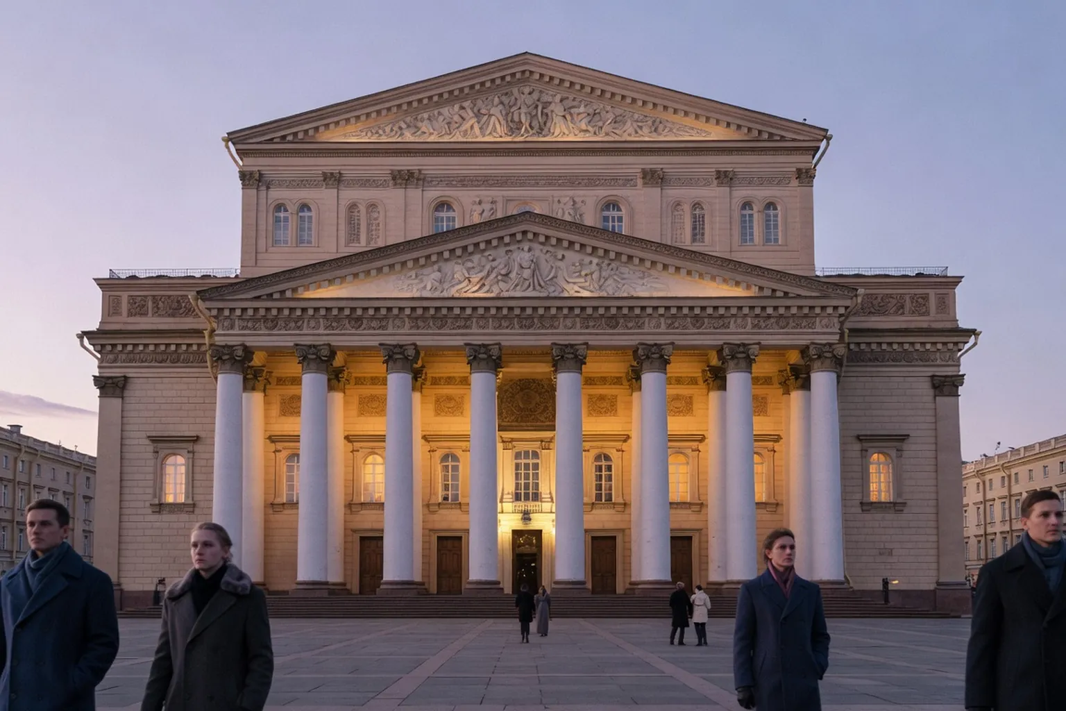 Theatre Bolchoi de Moscou illumine au crepuscule