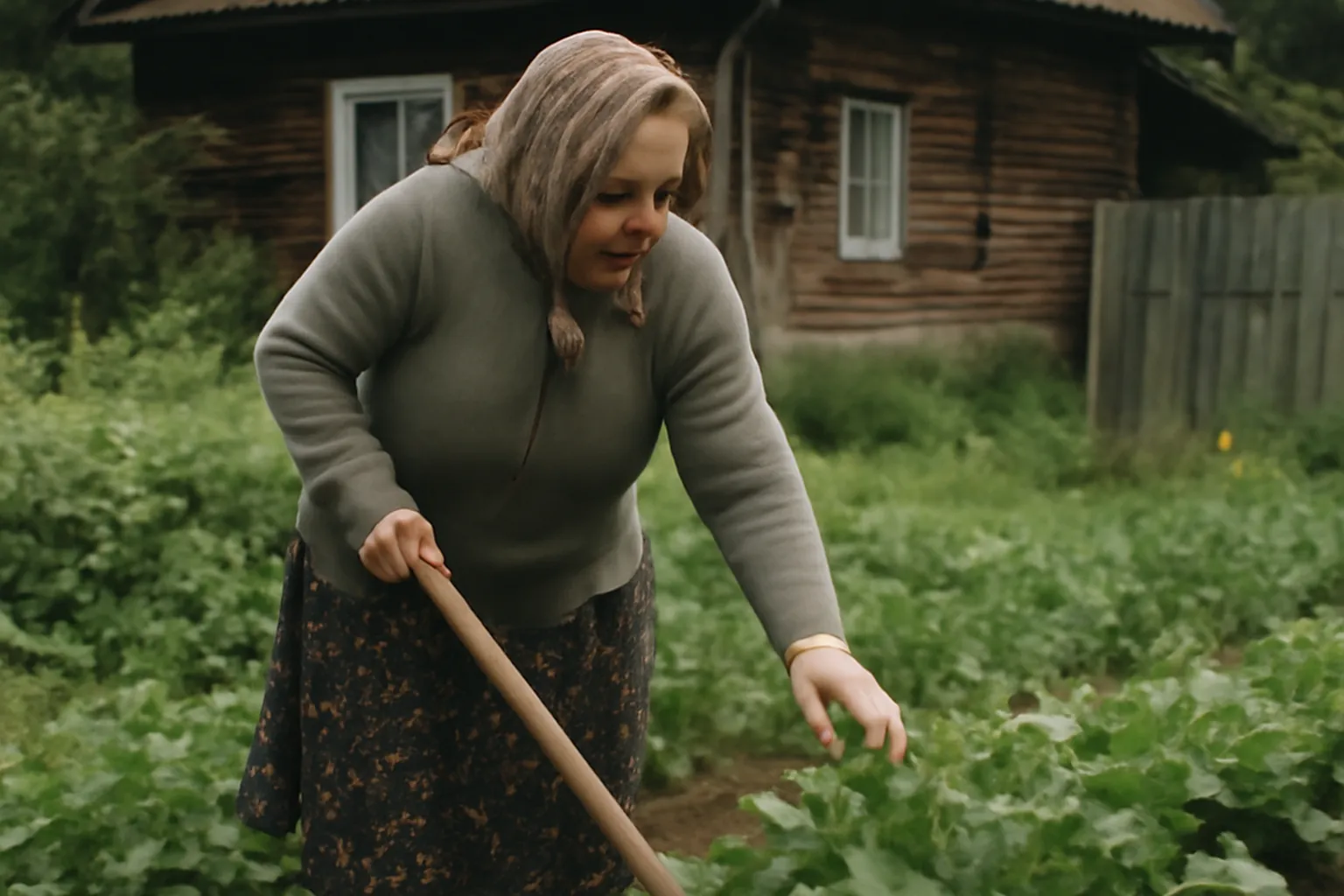 Babouchka russe dans son jardin de datcha en ete