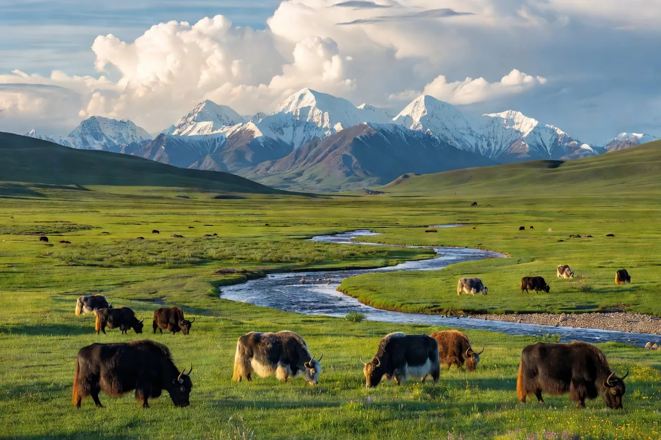 Vallée verdoyante du Khangai en Mongolie centrale avec une rivière sinueuse, un troupeau de yaks et la chaîne de l'Otgontenger en arrière-plan sous un ciel d'été
