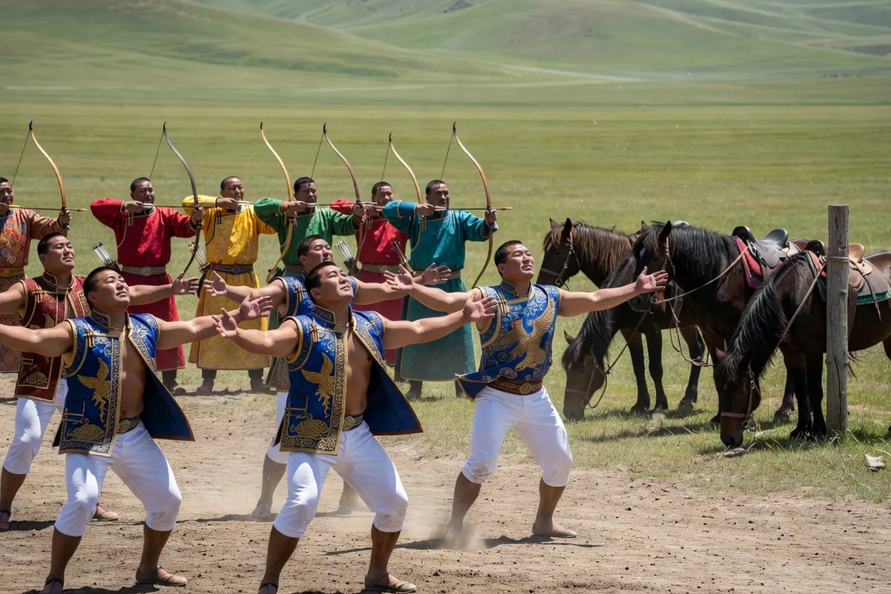 Festival Naadam en Mongolie centrale avec lutteurs en zodog et shuudag traditionnels, archers et chevaux en arrière-plan dans la steppe verte de juillet